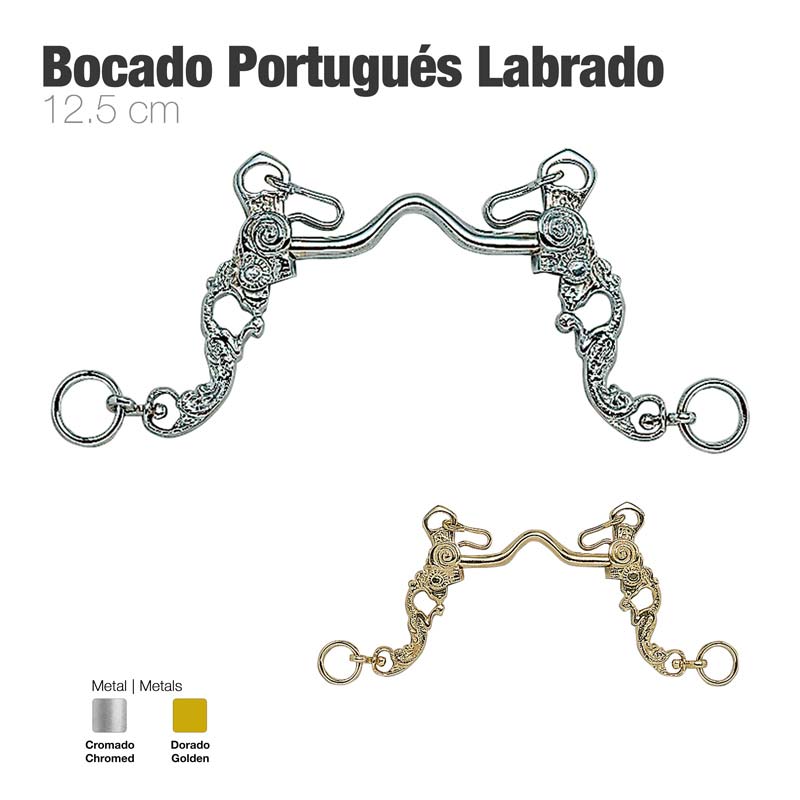 Dois bocados portugueses labrados, um cromado e outro dourado, em metal com 12,5 cm.