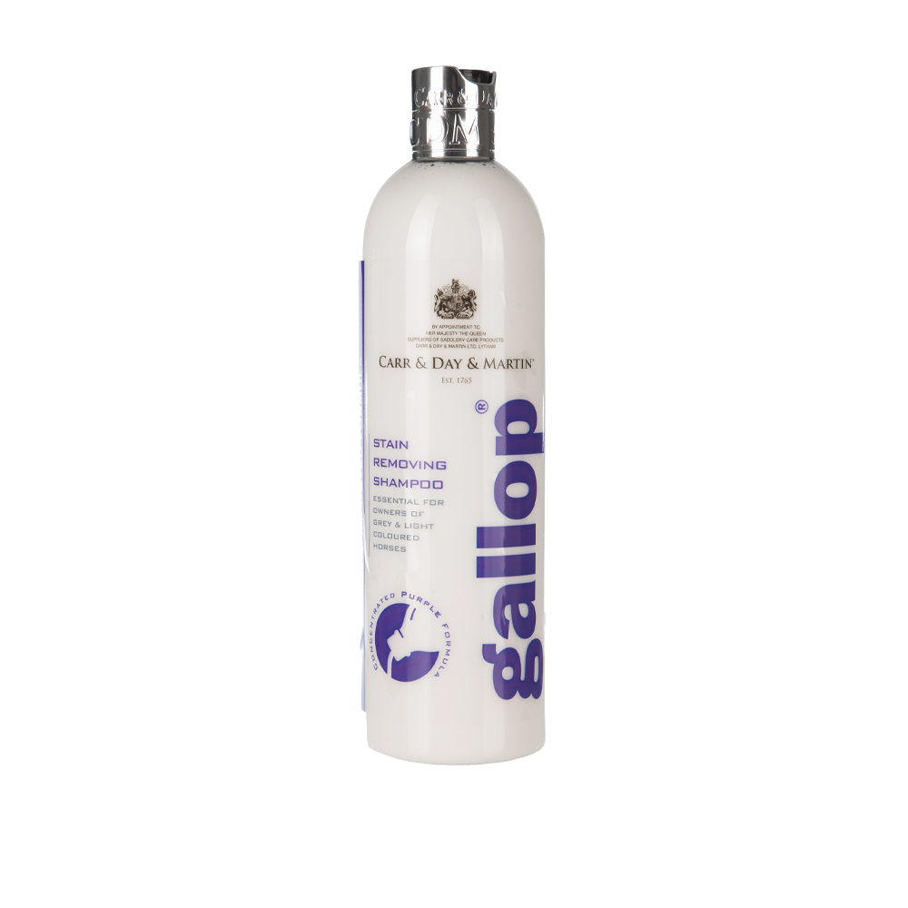 Frasco branco de shampoo Gallop com texto azul e preto