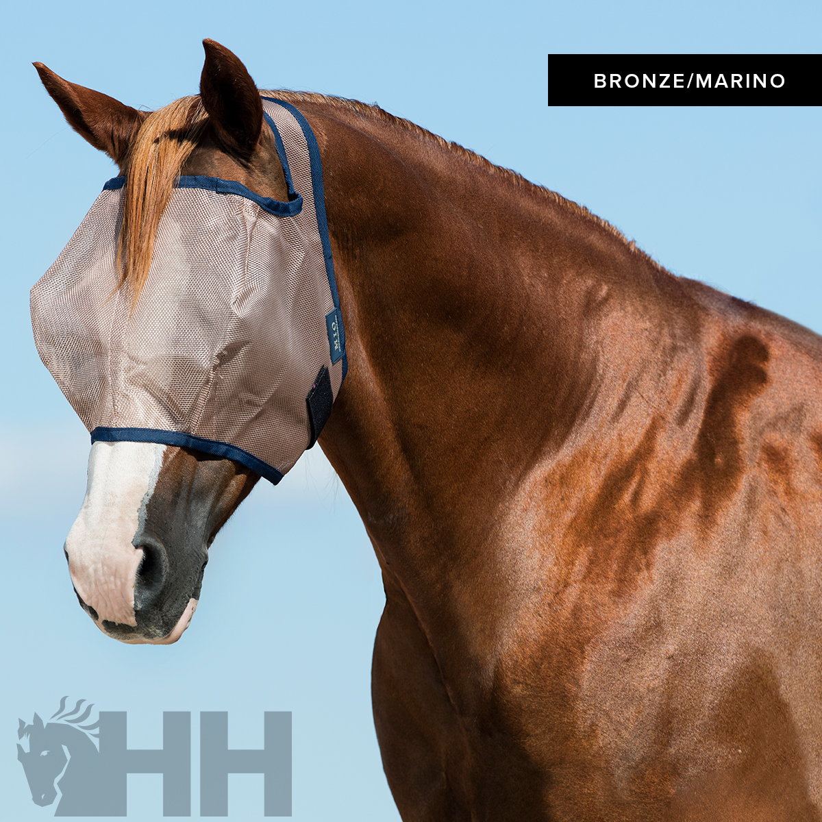 Máscara de proteção para cavalo bronze e marinho num cavalo castanho sob céu azul