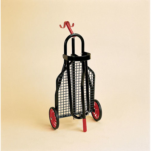 Carrinho transportador de metal preto com rodas vermelhas
