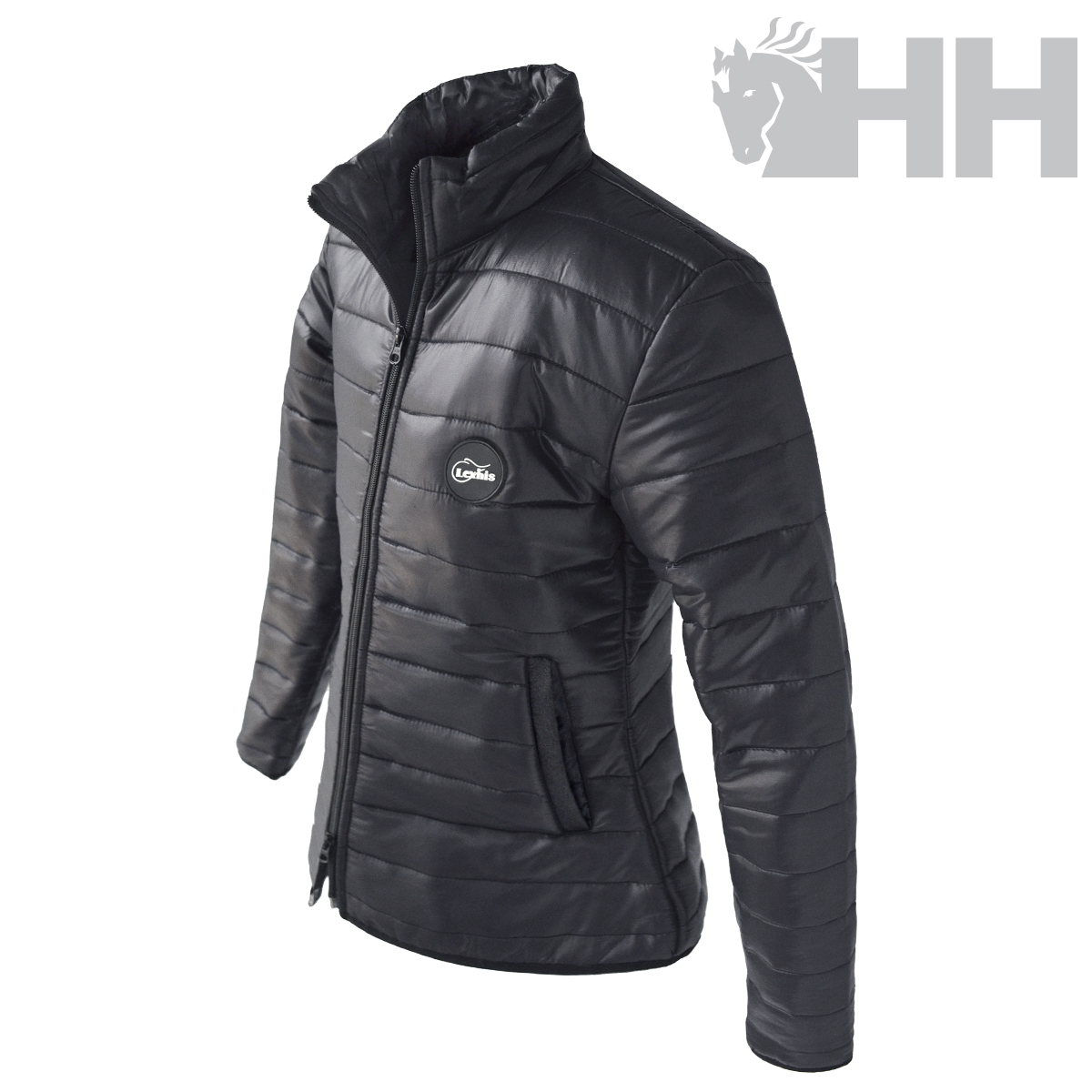 Casaco acolchoado preto masculino com fecho e bolsos laterais.