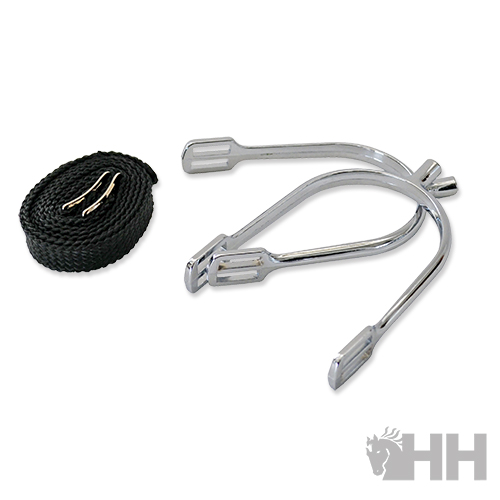 Esprora prateada com correia preta trançada para equitação