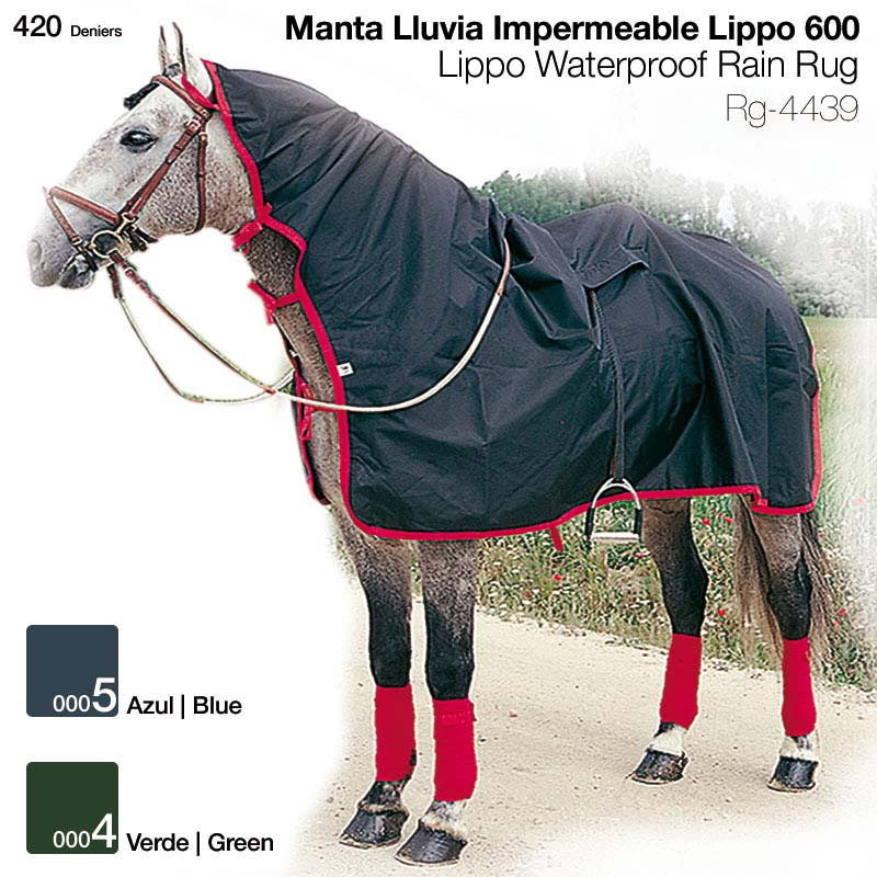 Cavalo equipado com manta impermeável preta e proteções vermelhas nas patas