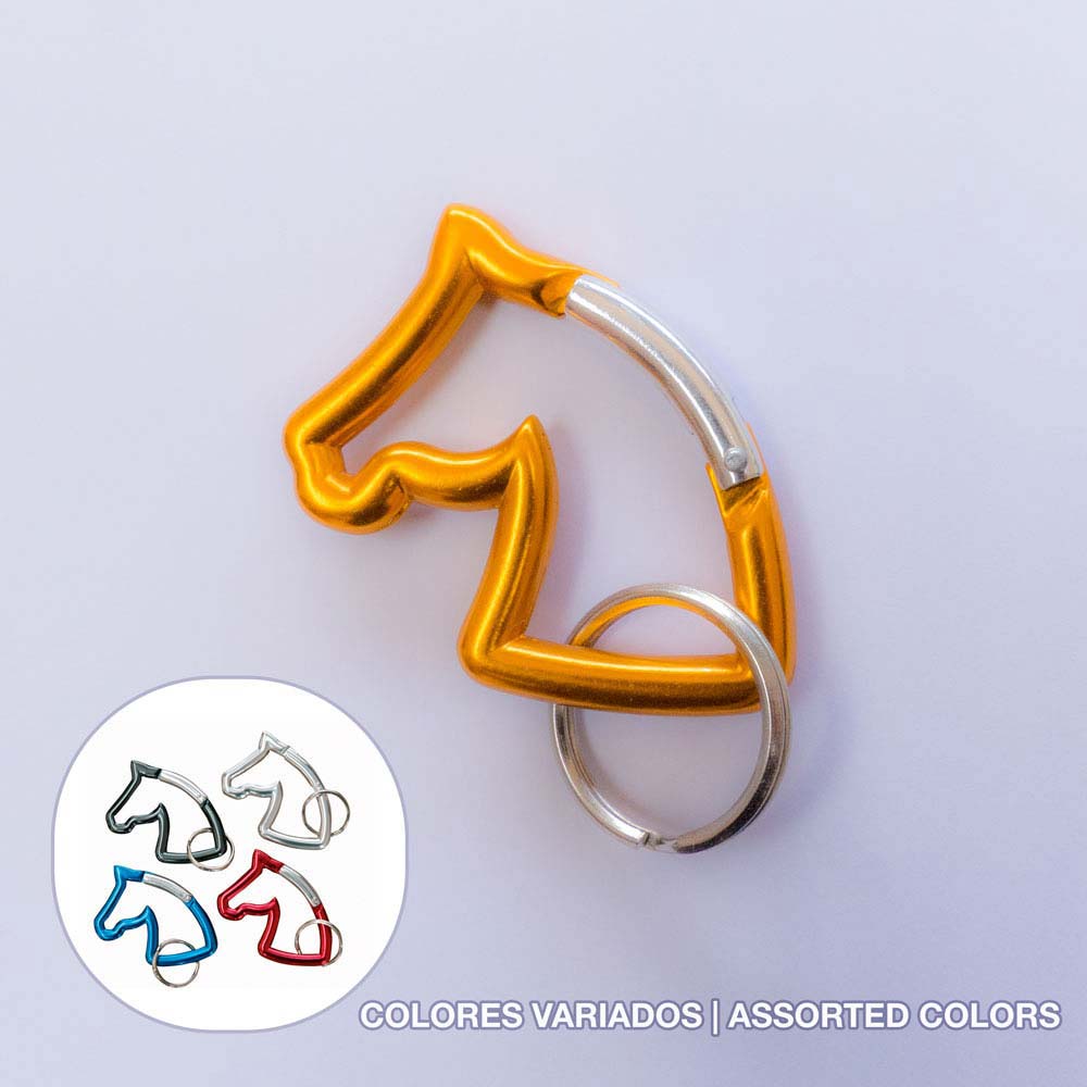 Mosquetão dourado em forma de cabeça de cavalo com argola prateada