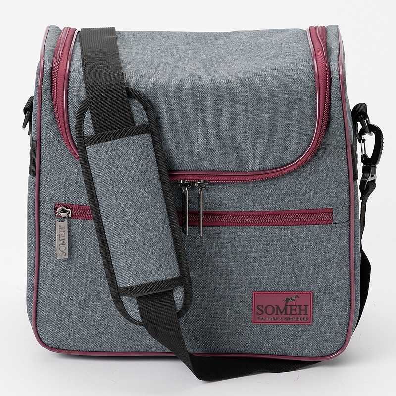 Bolsa térmica cinza e bordô com alça preta e zíper