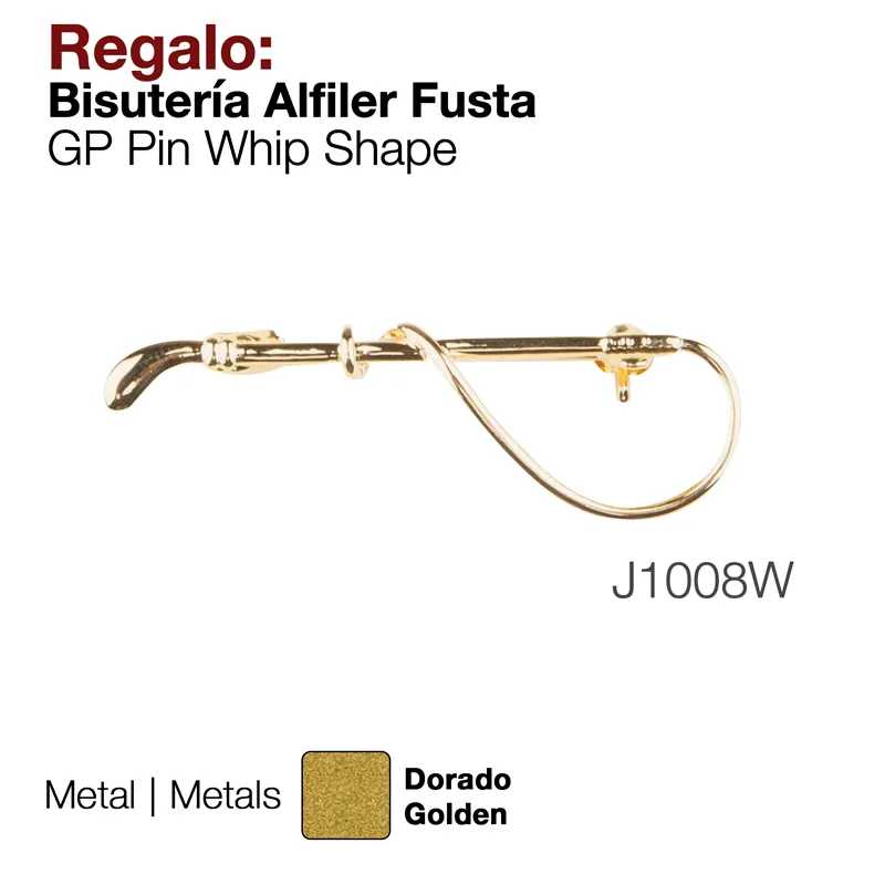 Alfinete de bisuteria em metal dourado com forma de chicote
