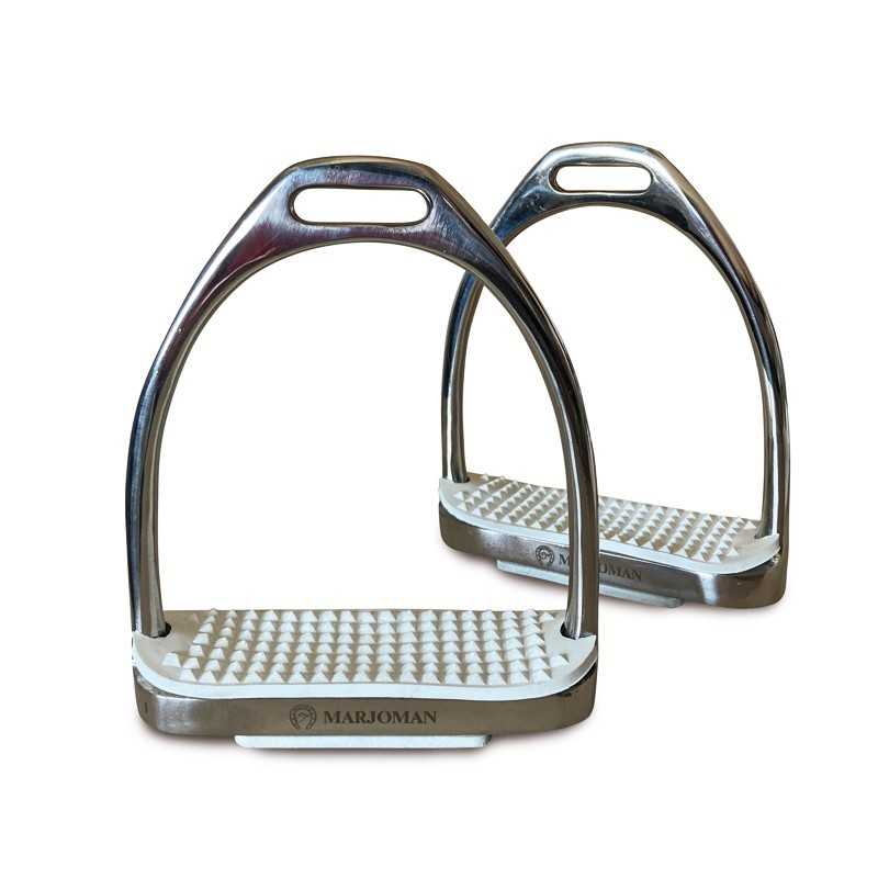 Par de estribos de equitação metálicos com base branca e ranhuras antiderrapantes