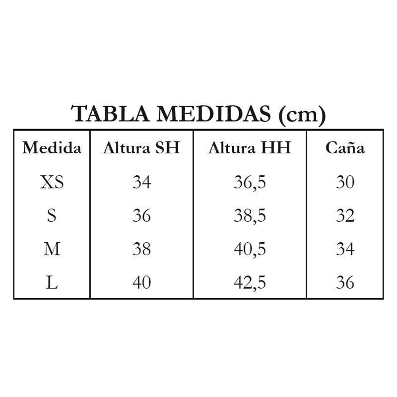 Tabela de medidas com tamanhos XS a L e medidas em cm para Altura SH, Altura HH e Caña