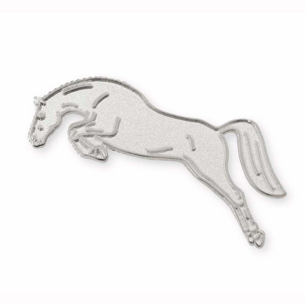 Pins metálicos prateados em forma de cavalo em movimento