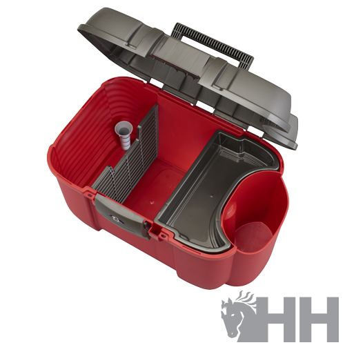 Caixa organizadora vermelha e cinza com tampa aberta e divisórias internas