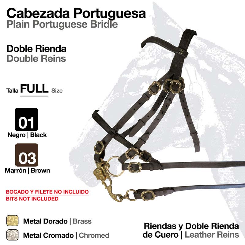 Cabeçada portuguesa com duplo cabresto em couro preto com fivelas em metal dourado