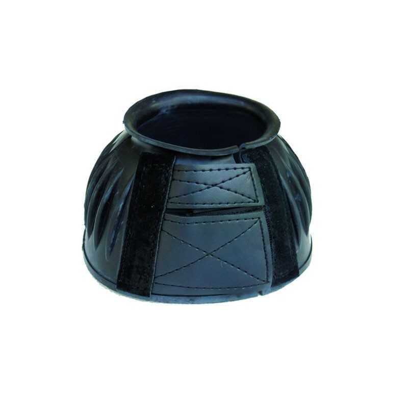 Campana protetora preta para cavalo com tiras de velcro e costuras visíveis