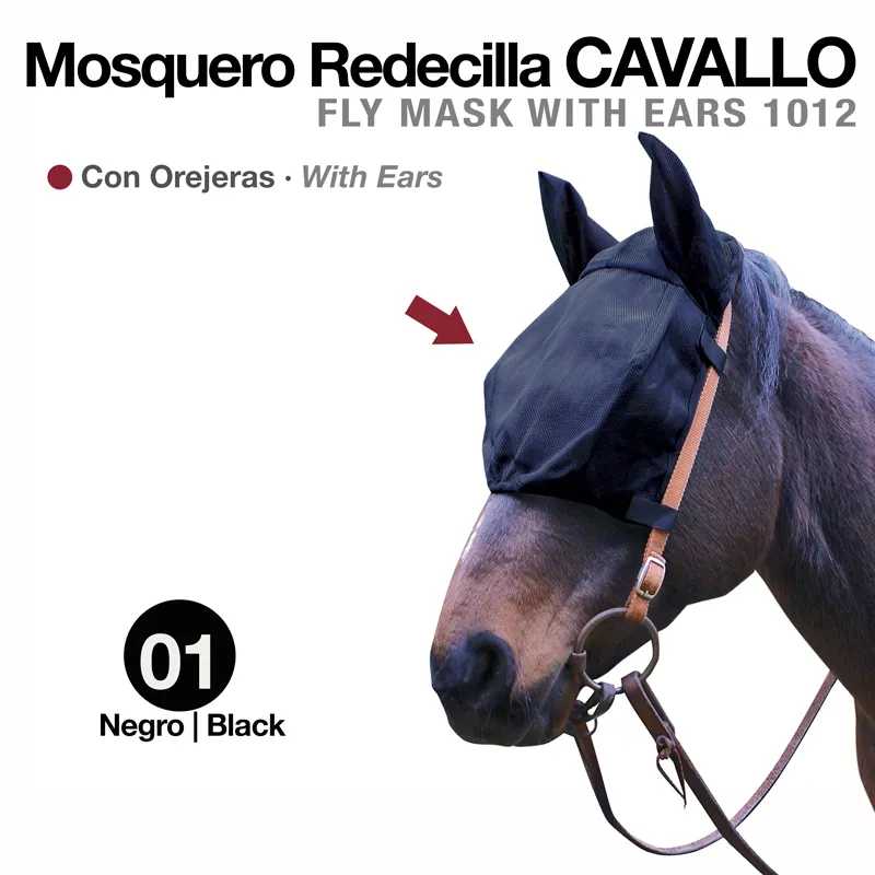 Máscara mosquero preta para cavalo com orelhas em cavalo com cabresto