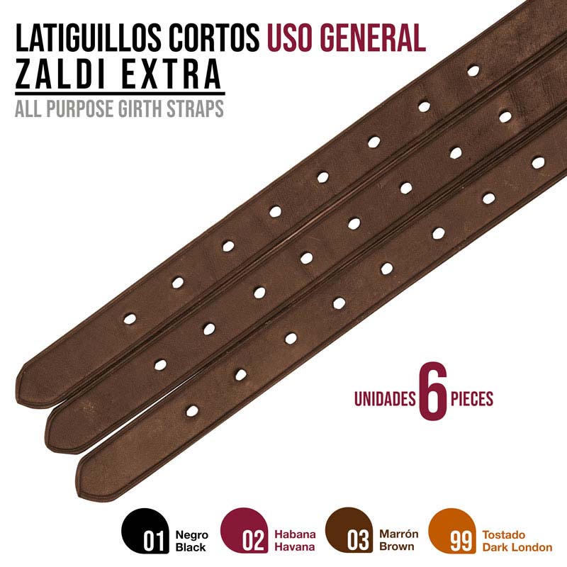 Latiguillos curtos de uso geral em couro castanho com furos, seis unidades, várias cores disponíveis.