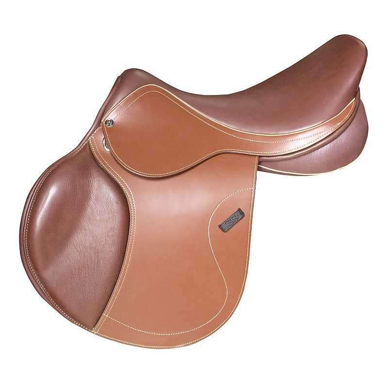 Sela de equitação castanha em couro com costuras claras