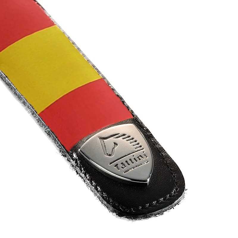 Correia para instrumento musical em tecido com padrão às riscas vermelha e amarela e couro preto com logótipo metálico Tatini