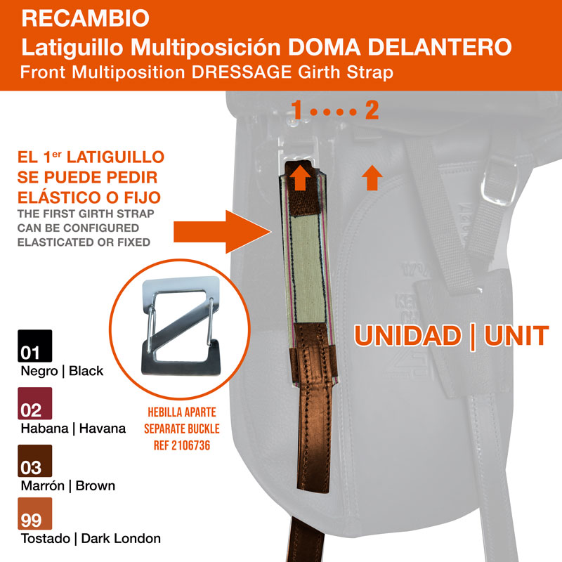 Faixa multipo­sição de sela para doma dianteira, com várias cores e texto em espanhol e inglês