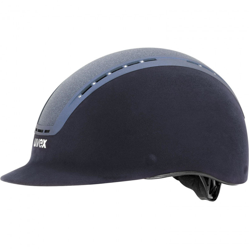 Capacete de equitação uvex azul escuro com faixa prateada e ventilação
