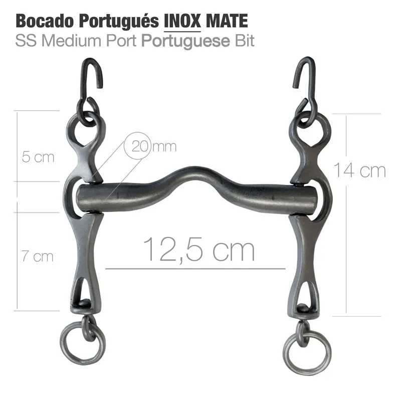 Bocado português inox mate com medidas e texto explicativo