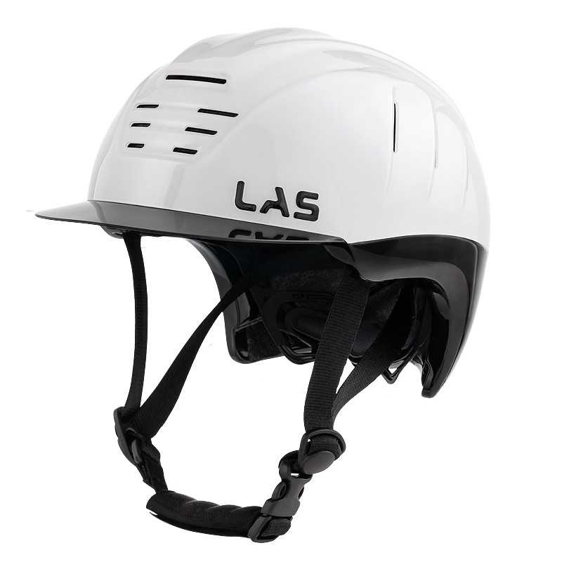 Capacete de segurança branco com tiras pretas e texto LAS