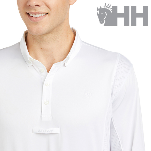 Camisola branca de manga comprida com gola e botões, logotipo HH cinza e texto ARIAT