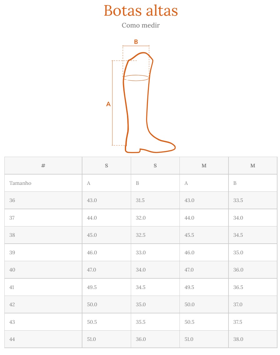Tabela de medidas para botas altas com gráfico de medidas A e B.