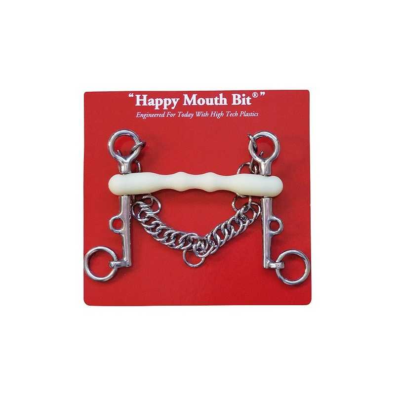 Flecha de bocal para cavalo 'Happy Mouth Bit' com peça branca e metal prateado num cartão vermelho
