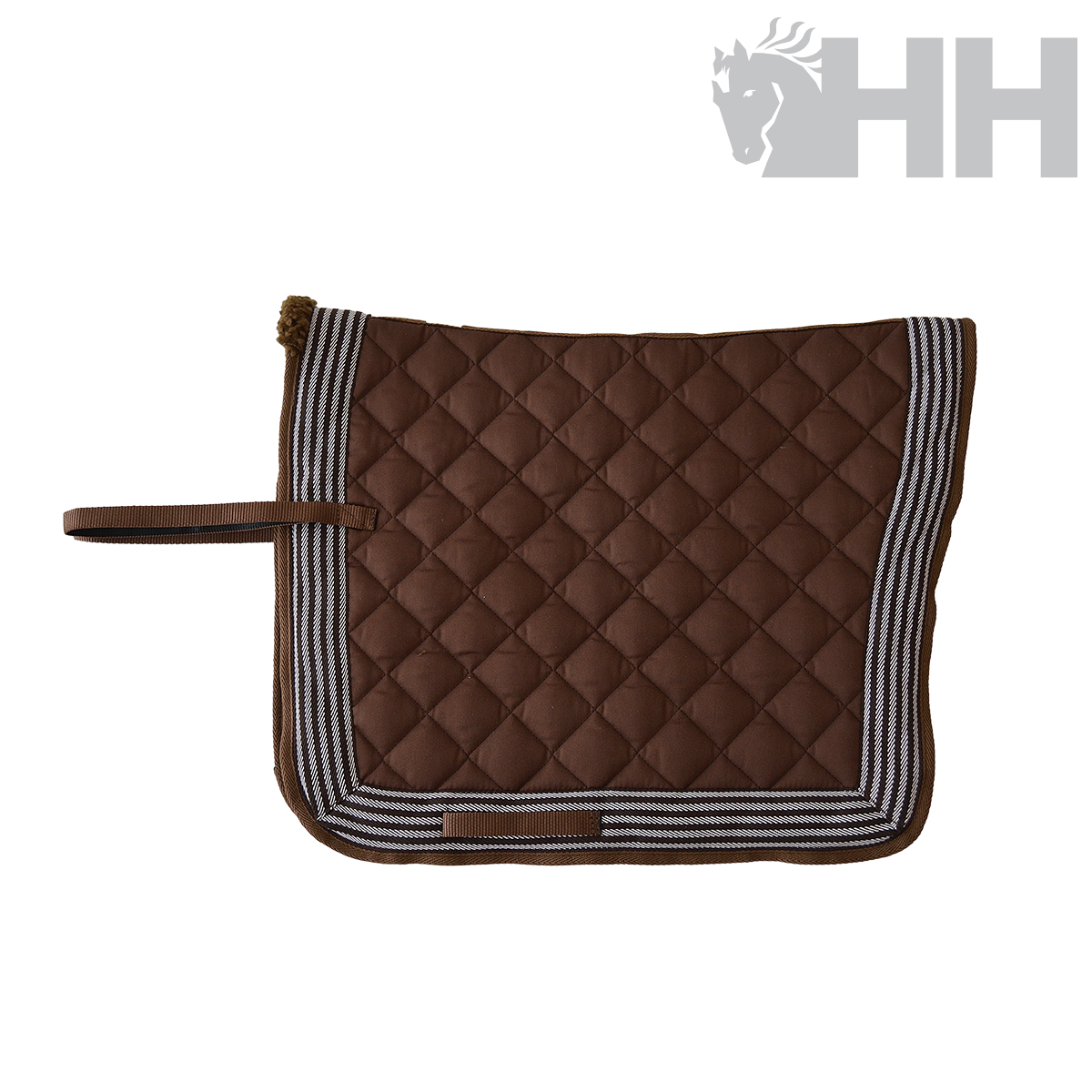 Sela acolchoada castanha para cavalo com bordas às riscas e alça lateral