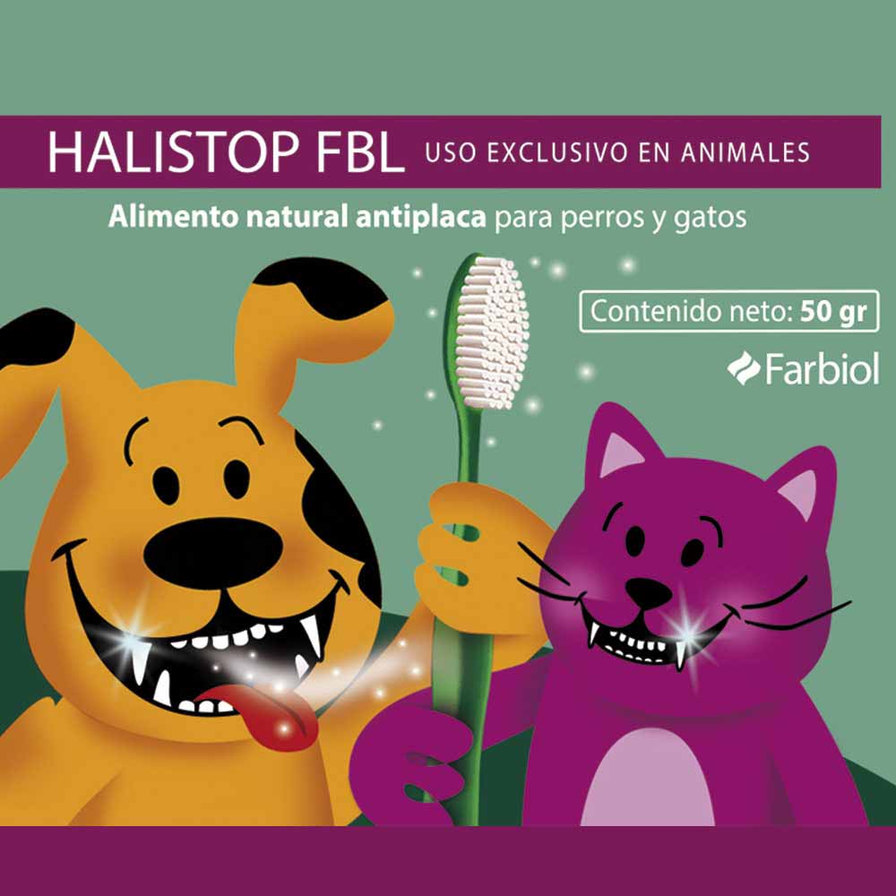 Ilustração de cão e gato com escova e texto do produto Halistop FBL para animais