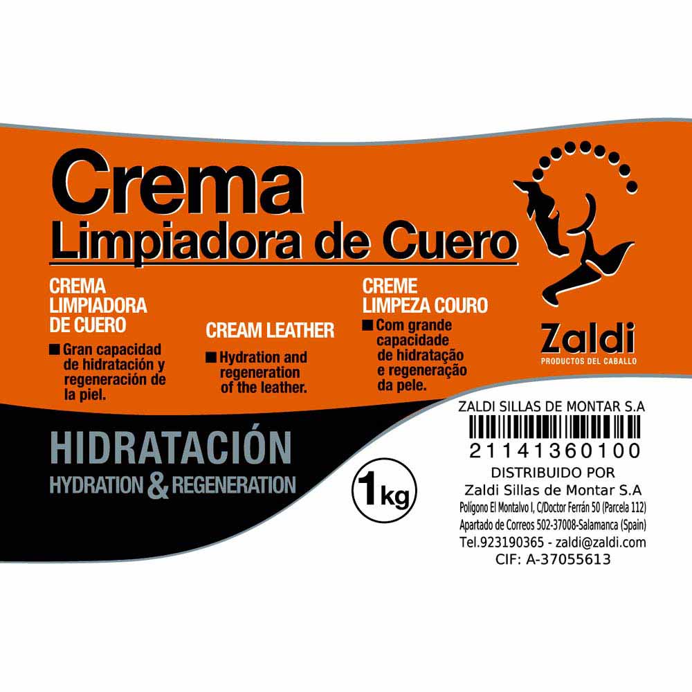 Rótulo de creme limpador de couro Zaldi com texto trilingue e código de barras