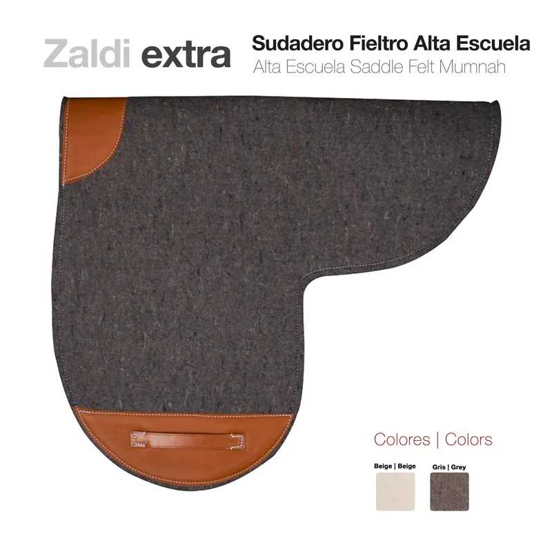 Sudadero de feltro cinzento com detalhes em couro castanho para sela, modelo Alta Escuela da Zaldi.