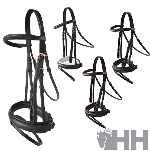 Quatro cabrestos de couro para cavalo em diferentes cores com logótipo HH