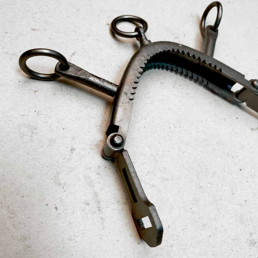 Ferramenta metálica com dentes e argolas sobre fundo claro