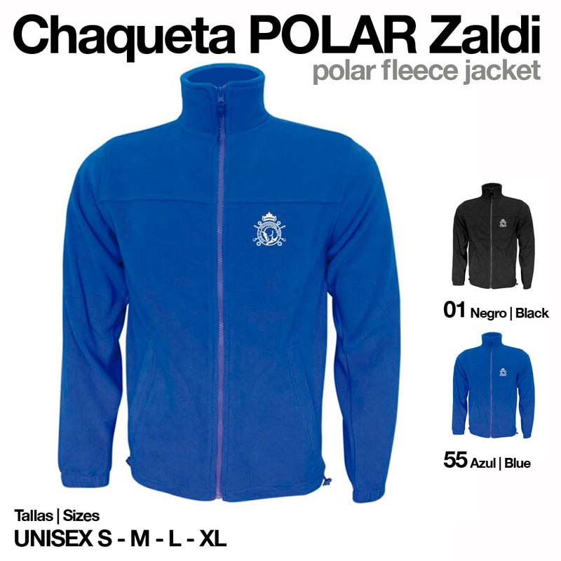 Chaqueta POLAR Zaldi em azul e preto, fleece, com fecho e logo bordado