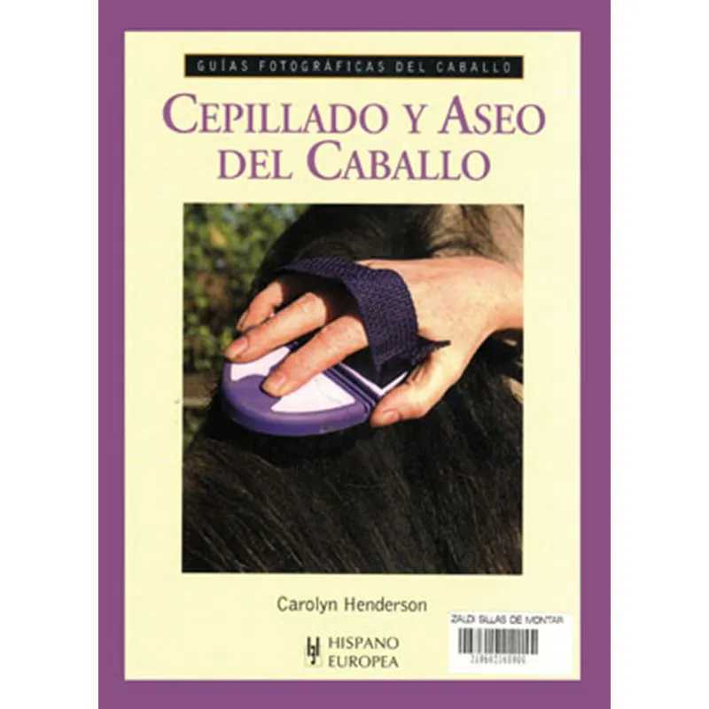 Capa de livro sobre limpeza e escovagem de cavalos com imagem de mão a escovar cavalo
