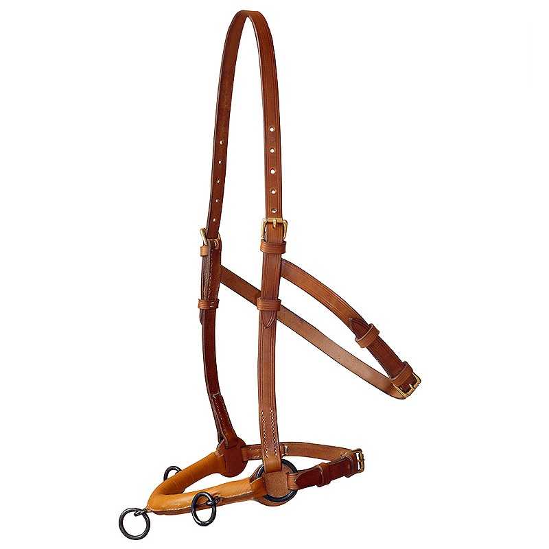 Cabresto para cavalo em couro castanho com partes acolchoadas amarelas