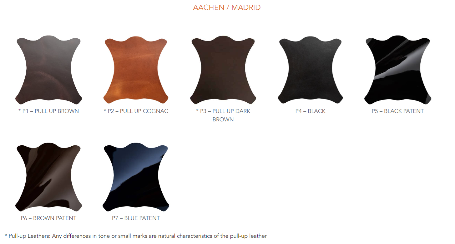 Amostras de couro em várias cores e acabamentos com texto explicativo