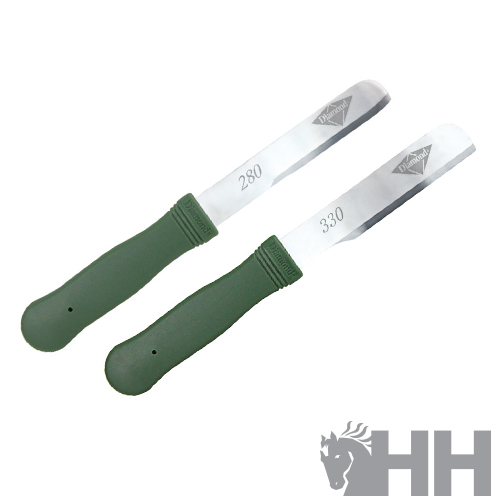 duas lixas metálicas para cascos de cavalo com cabo verde e números 280 e 330