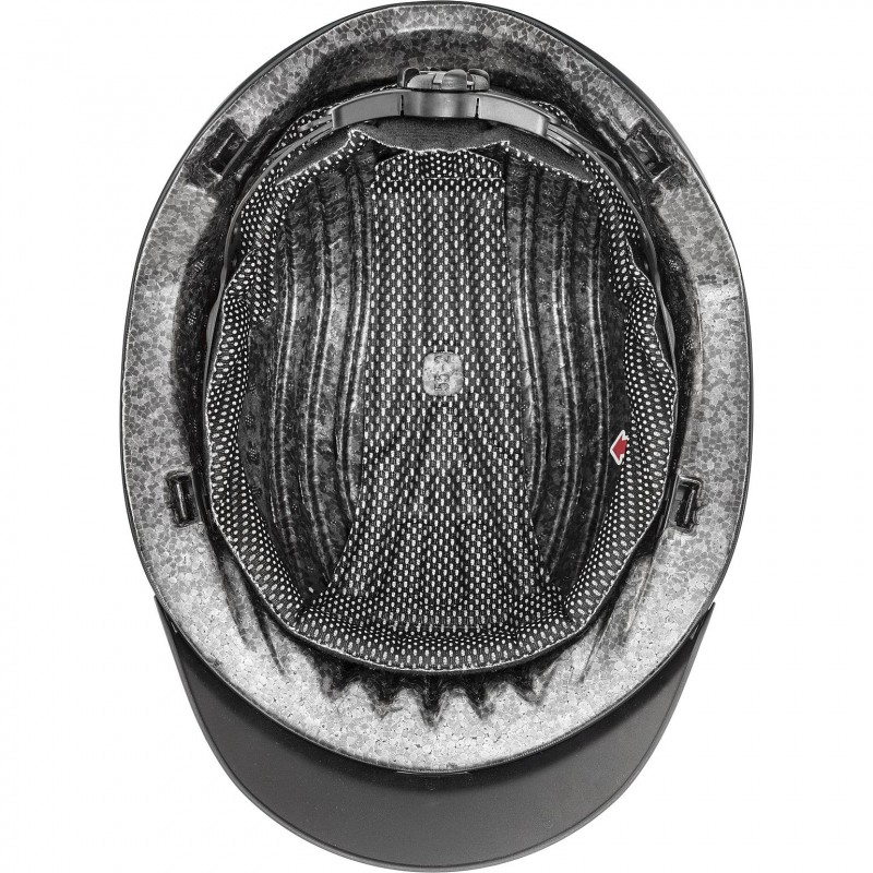 Interior de capacete de equitação cinzento com padrão de pontos brancos e viseira preta