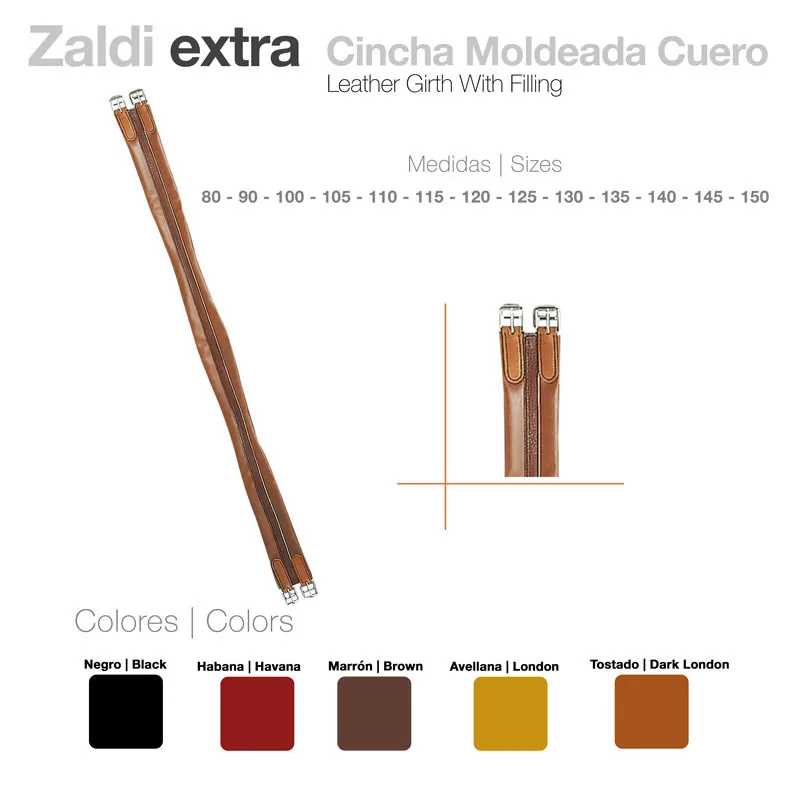 Cincha Moldeada de couro Zaldi extra com fivelas metálicas, disponível em várias cores e tamanhos.