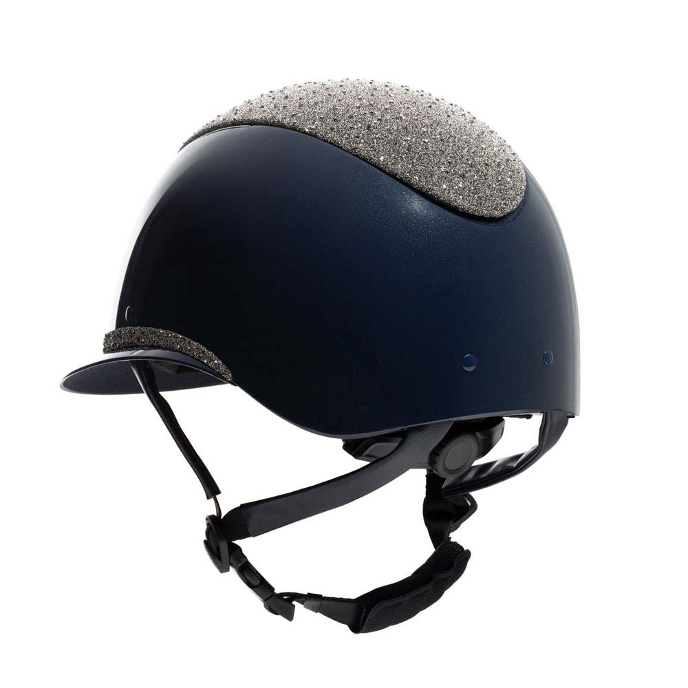 Capacete azul escuro para equitação com detalhes brilhantes prateados e correia preta ajustável