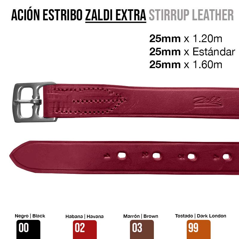 Cinta de estribo em couro vermelho com fivela metálica prateada e texto informativo