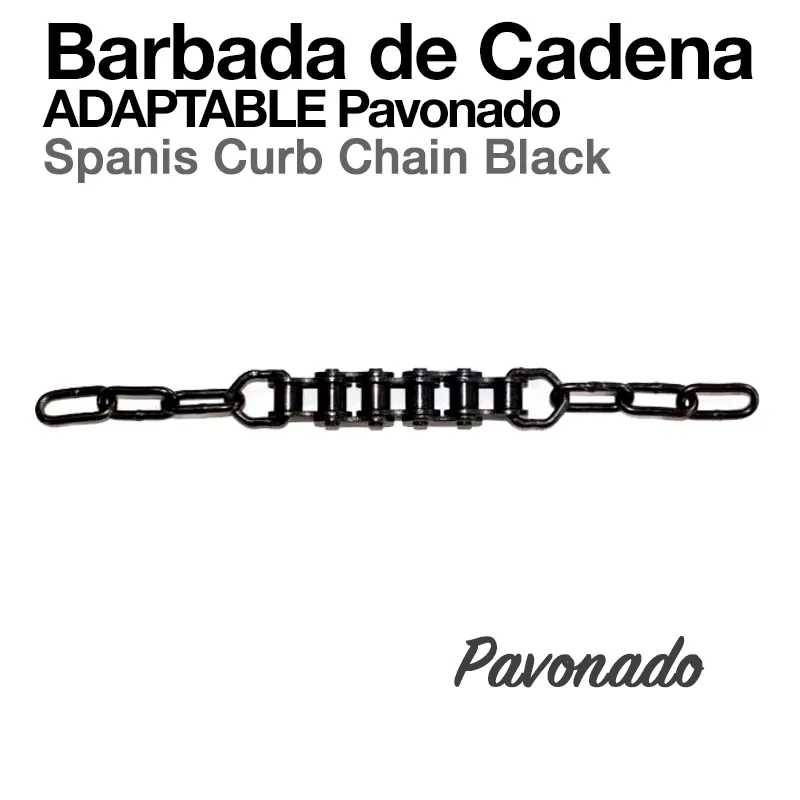 Barbada de cadeia adaptável preta pavonada exibida em fundo branco com texto descritivo