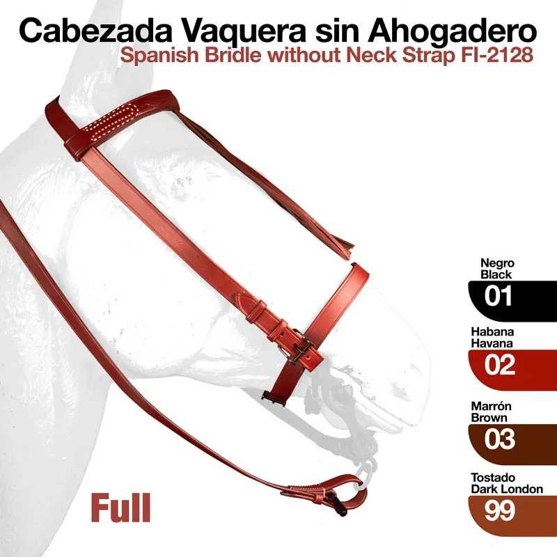 Cabeçada vaquera espanhola em pele castanha avermelhada num manequim de cavalo branco, com texto de cores e código do produto
