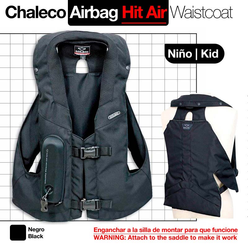 Chaleco airbag preto para criança com fechos e aviso de segurança.