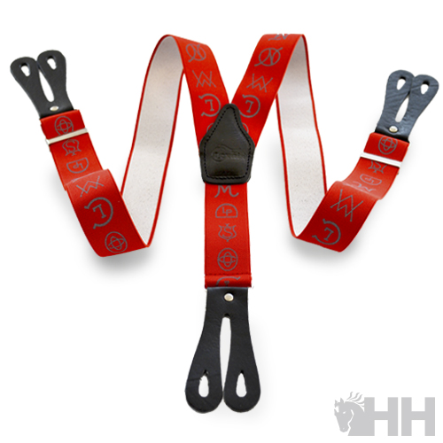 Suspensórios vermelhos com símbolos brancos e alças de couro preto