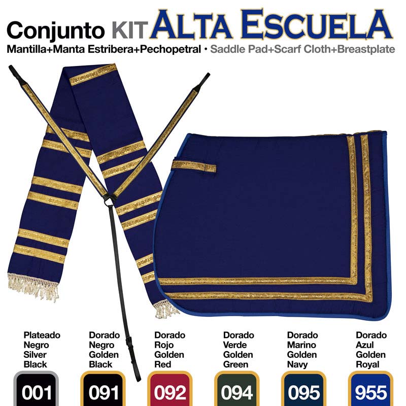 Conjunto de mantilha, manta estribera e pechopetral azul marinho com faixas douradas