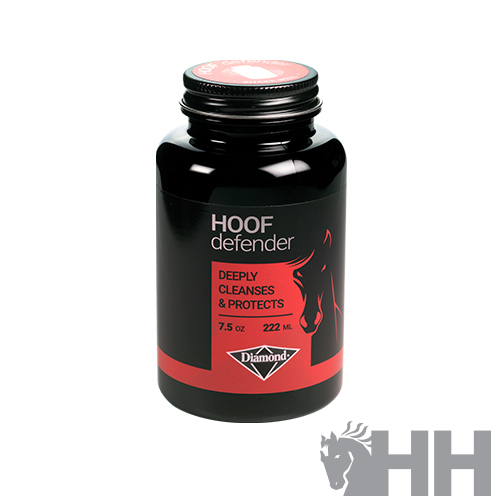 Frasco preto de Hoof Defender com rótulo vermelho e preto
