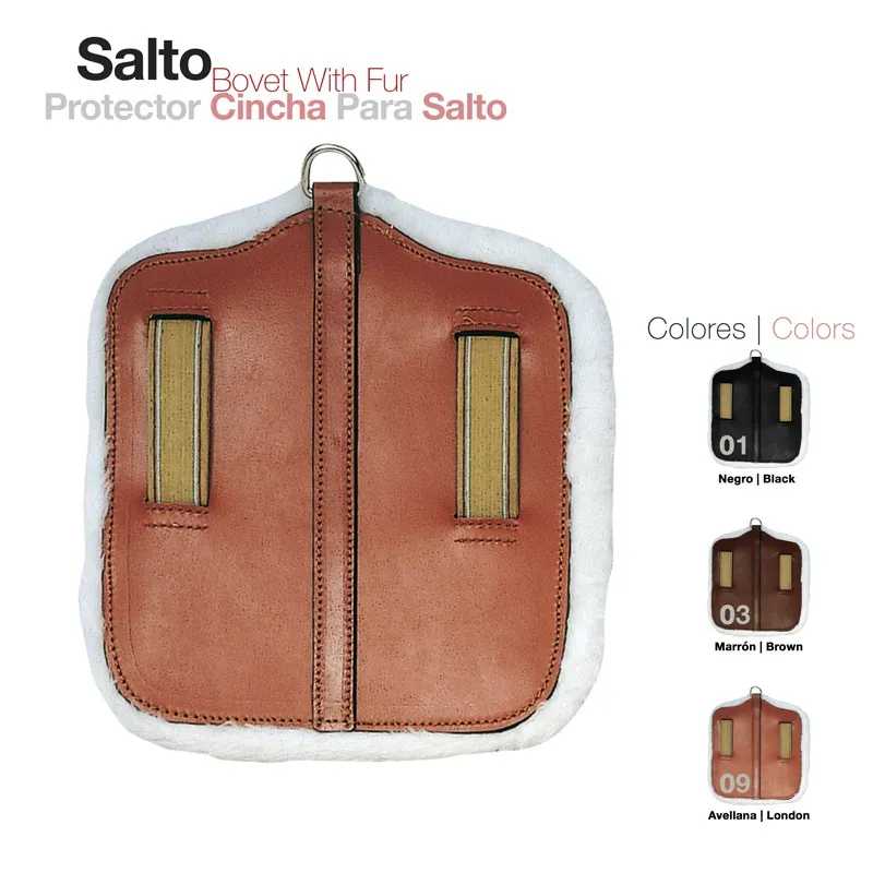 Protetor Salto Bovet para cinta, em couro castanho com pelo branco, com duas aberturas verticais.