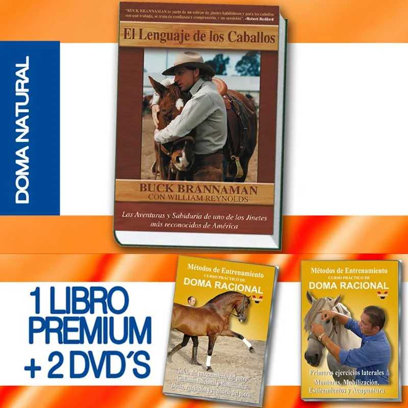 Livro e dois DVD's sobre doma racional com capas contendo imagens de cavalos e pessoas, sobre fundo alaranjado.